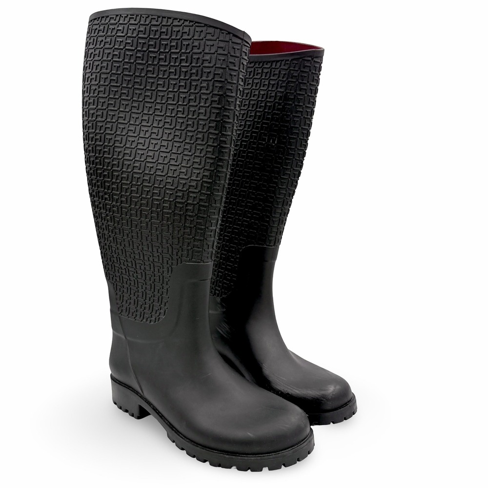 Tommy Hilfiger Womens 8 Rain Boots Black Raindrop Monogram TH Waterproof Tall
